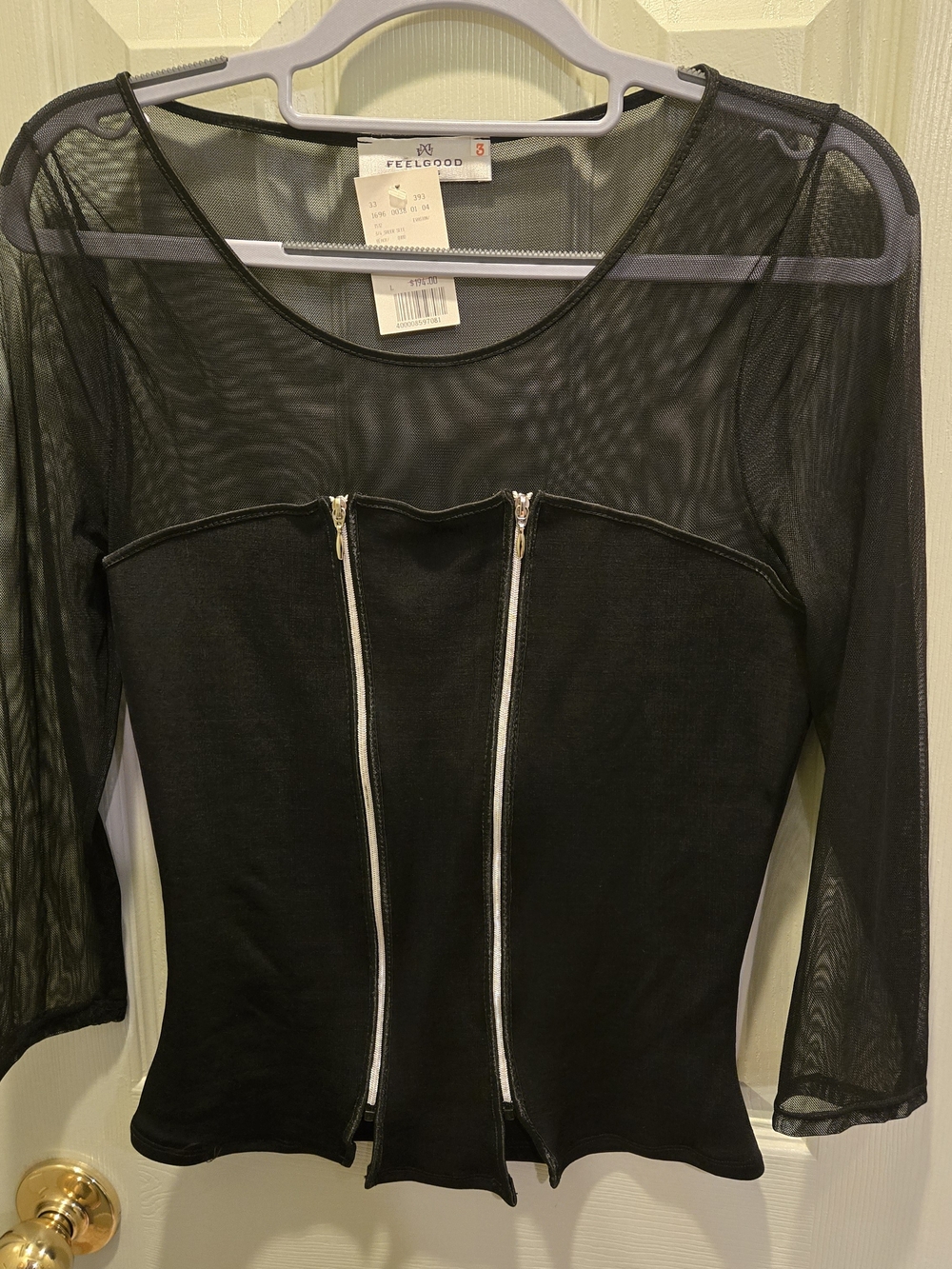 Black Mesh Zip-Front Blouse